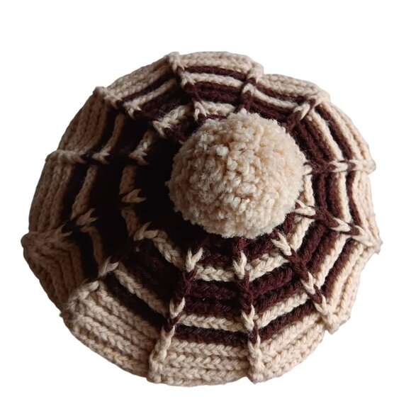 1OF1 OSFA Vintage Handmade Crochet Beret With Pom-Pom Striped Knit Cap unisex - Picture 5 of 8